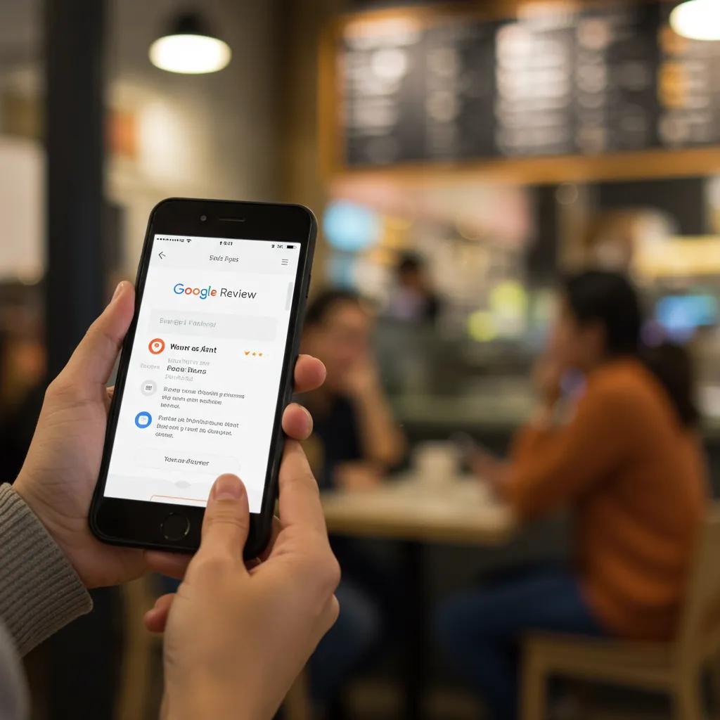 Customer leaving a review on Google Business Profile in a café setting